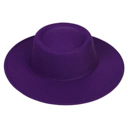 A purple flat top felt fedora hat with a wide brim. The hat features a simple design and no visible logos.
