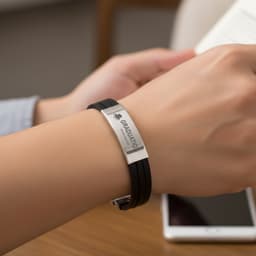 A black multi-layer leather bracelet featuring a silver clasp and an engraved plate.