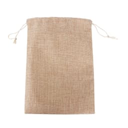 A small jute produce bag in a natural beige colour with drawstring closure and a textured fabric.