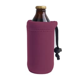 A drink bottle holder in a deep burgundy colour with a drawstring closure and a logo.