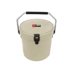 A 12L ice bucket in a light beige colour, featuring a silver handle and a secure lid, with a logo on the front.