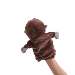 A brown plush monkey hand puppet with grey details, held up by a hand against a white background.