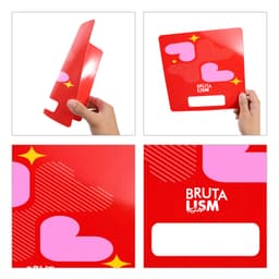 A custom-shaped paper fan in red featuring pink heart designs and a logo. The fan has no handles.