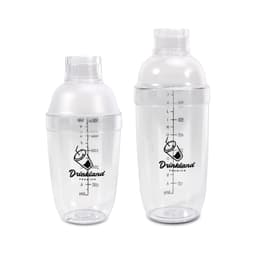 A drink bottle set featuring clear plastic shakers with a filter top and measurement markings, including a logo.