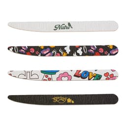 A pack of 50 wooden knife-shaped nail files in various colours and designs, featuring a logo on one file.