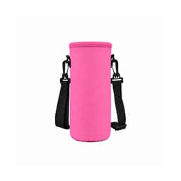 A drink bottle carrier in bright pink, featuring adjustable black straps and a logo. Ideal for leisure and outdoor activities.