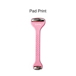 A double-headed ice massager roller in pink with a textured handle and a silver accent. It features a logo.