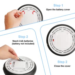 A hover soccer ball with a black outer ring and a white centre, showing battery installation steps and a hand inserting batteries.
