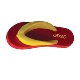 A red and yellow flip-flop shaped stress reliever with a logo on the side.
