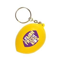 A yellow keyring shaped like a lemon, featuring a logo and attached to a metal chain.