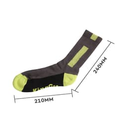 Premium crew woven work sock in grey and lime green, featuring a towel bottom. Includes a logo detail. Dimensions provided.