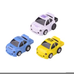 A set of three car-shaped flash drives in blue, white, and yellow, each featuring a logo.