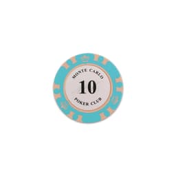 A round poker chip in turquoise and beige, featuring a white centre with the number 10 and a design around the edge.