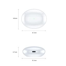 A pair of active noise cancelling wireless earbuds in a glossy white charging case, featuring dimensions on the side.