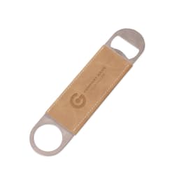 A drink bottle opener featuring a stainless steel end and a brown PU leather handle, adorned with a logo.