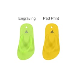 A pair of flip-flop shoe charms in bright green and yellow, featuring a logo on the surface.