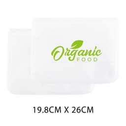 Two large transparent storage bags in white with a green logo, featuring dimensions of 19.8cm x 26cm.