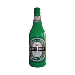 A green inflatable beer bottle with a label featuring brand markings, resembling a traditional beer bottle.