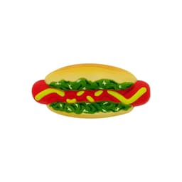 A hot dog-shaped stress reliever in yellow, red, and green, featuring details of lettuce and condiments.
