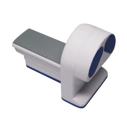 A white and grey scanner machine-shaped stress reliever with blue accents and a branded logo.