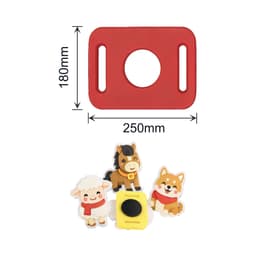 Red clog shoe charm with three animal designs: a sheep, horse, and dog, plus a yellow square piece.