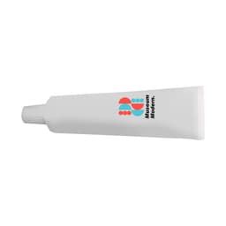 A white, tube-shaped stress reliever resembling toothpaste, featuring a logo in blue and red.