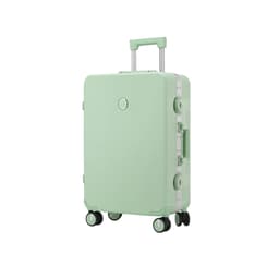 A mint green ribbed ABS suitcase with four wheels and a retractable handle, featuring a logo on the front.