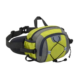 A drink bottle holder is attached to a grey and fluorescent yellow waist bag with multiple compartments and a logo.