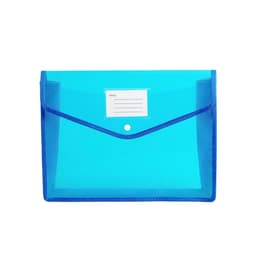A turquoise expanding document folder with a blue border and a clear label area. It features a button closure and has a logo.