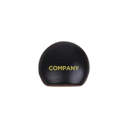 A black round charging case for true wireless earbuds, featuring a logo on the front.