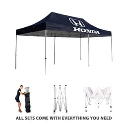 A navy blue marquee with a logo on top, featuring a sturdy frame and collapsible structure.