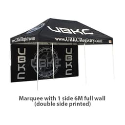 A large black marquee featuring one printed side wall and a logo. Sized at 3x6M (10x20ft).