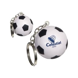 A keyring with two football-shaped stress relievers, featuring a white and black design, and a logo.