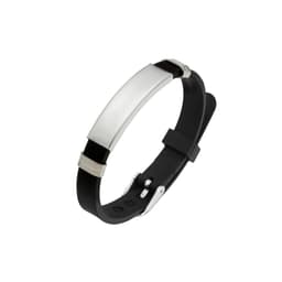 A sleek metal and black silicone bracelet featuring a polished silver plate and metallic accents.