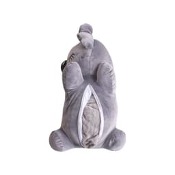 A grey animal plush toy with a soft blanket tucked inside its belly, featuring black eyes and a cute expression.