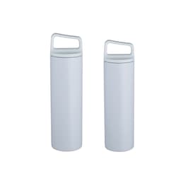 A drink bottle in light grey with a handle, featuring a sleek stainless steel design. Includes a logo.