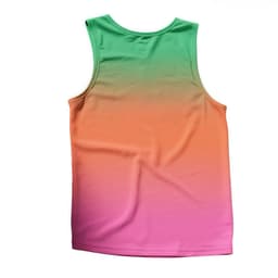 A V-neck singlet featuring a gradient design transitioning from green to orange and pink, made of 100% polyester micro mesh.