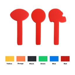 Three red sponge ball cheersticks in different shapes, with additional colour options shown below in yellow, orange, black, green, blue, and red.