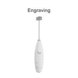 A white milk frother with a silver whisk attachment, featuring a logo on its body.