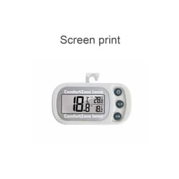 A white ambient thermometer with a digital display showing temperature readings and three buttons. It has a hanging hook.