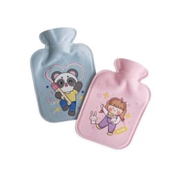 A blue hot water bottle with a panda design and a pink bottle featuring a girl and a bunny, both with plush covers.