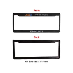 A plastic licence plate frame in black, featuring a logo on the front and a plain back. Suitable for specific plate sizes.