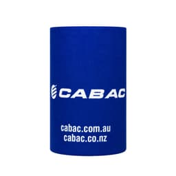 A blue stubby holder featuring a logo, designed to fit standard drink bottles.