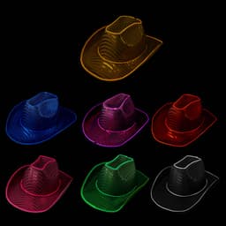 A collection of light-up sequin cowboy hats in blue, pink, red, green, purple, and orange against a black background.