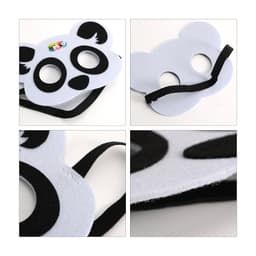 A felt panda mask in grey and black, featuring eye holes and a black elastic strap, with a logo.