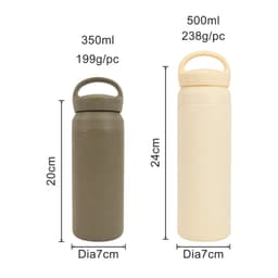 A drink bottle duo featuring a 350ml olive green option and a 500ml beige option, both with handles and a logo.