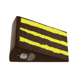 A brown and yellow chocolate cake shape stress reliever with a textured surface and a logo.