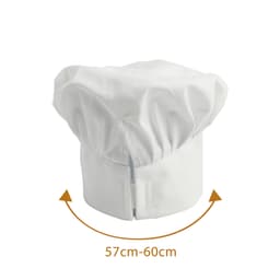 A white adult chef hat with an adjustable size of 57cm to 60cm, featuring a logo.