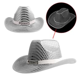 A light-up sequin cowboy hat in silver with a decorative band and a logo.