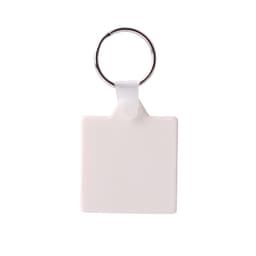 A square hard plastic keyring in white attached to a silver metal ring.